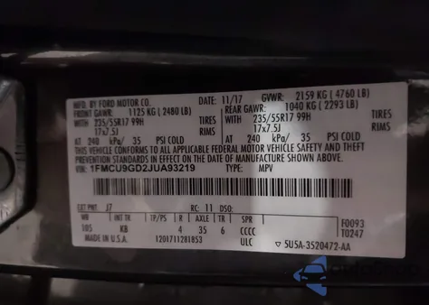 2018 Ford Escape Se from USA, damaged, VIN 1FMCU9GD2JUA93219